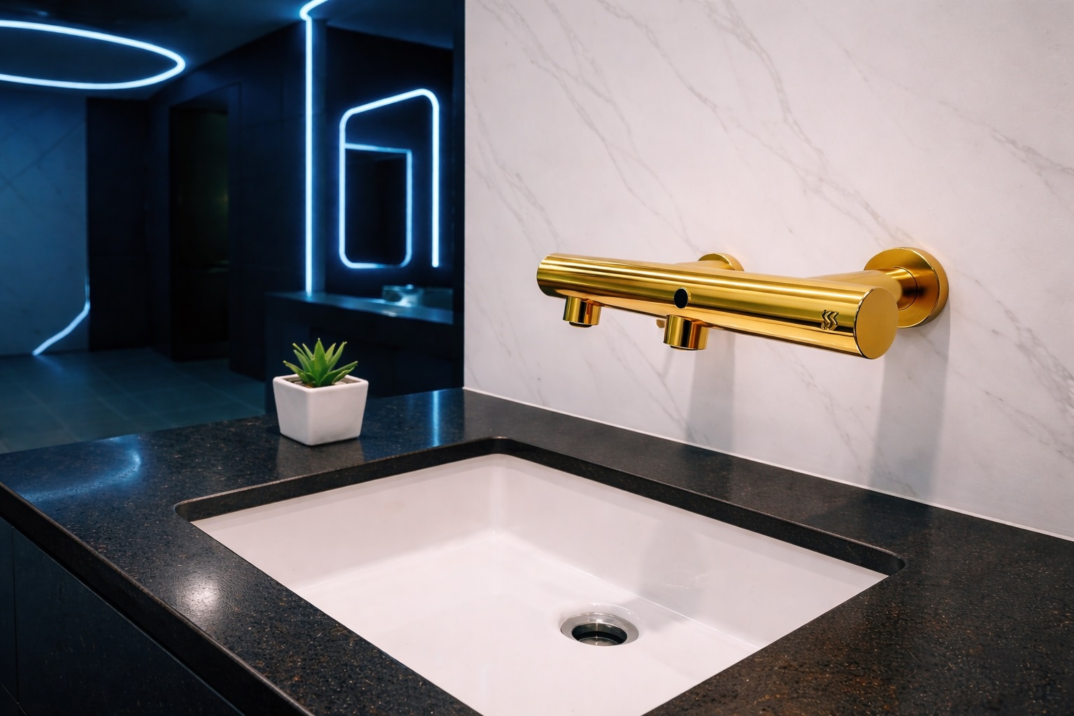 Corporate restroom featuring architectural soap dispenser faucet systems